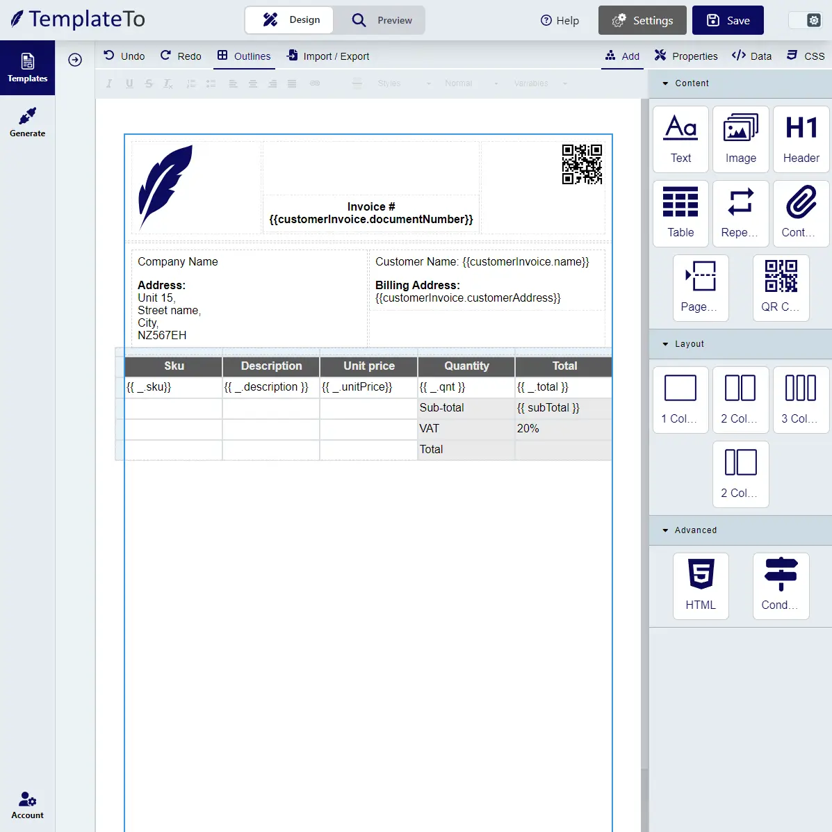 templateto editor screenshot